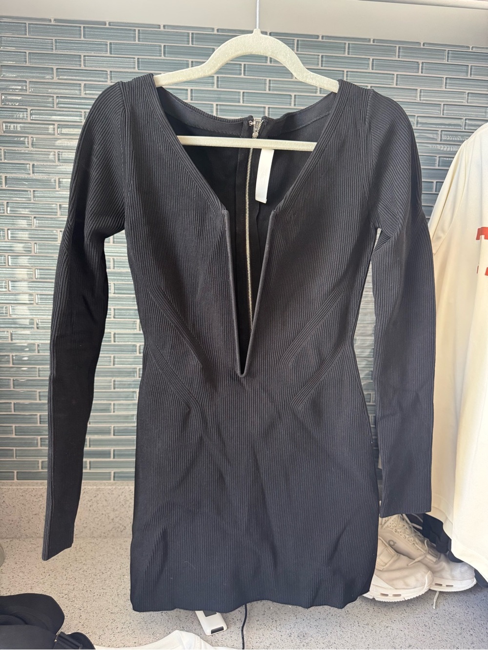 Dion Lee Black Ribbed Long-Sleeve Plunge Mini Dress